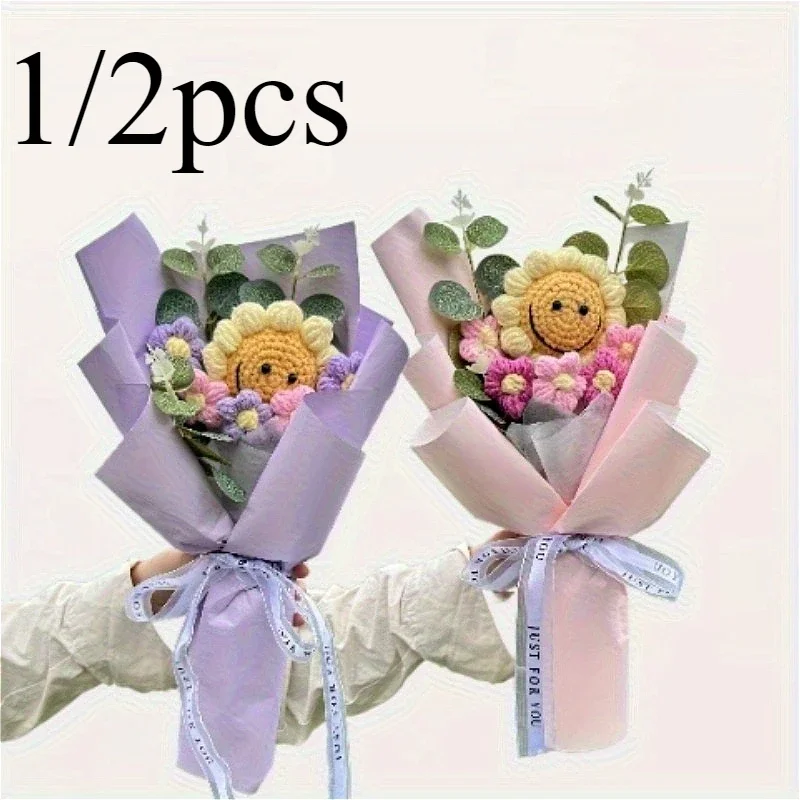 1/2 Uds. Ramo de girasoles de ganchillo hecho a mano, flores artificiales, Festival brillante, boda, día de la madre, cumpleaños, decoración del hogar
