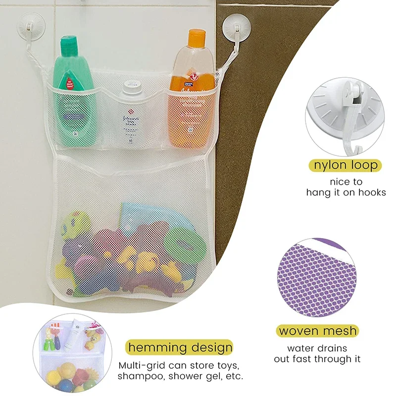 Juguetes de baño para Baby Shower, malla de almacenamiento de juguetes blanca para bebés y niños con fuertes ventosas, bolsa de juguetes, organizador de baño de red para niños pequeños - imagen 4