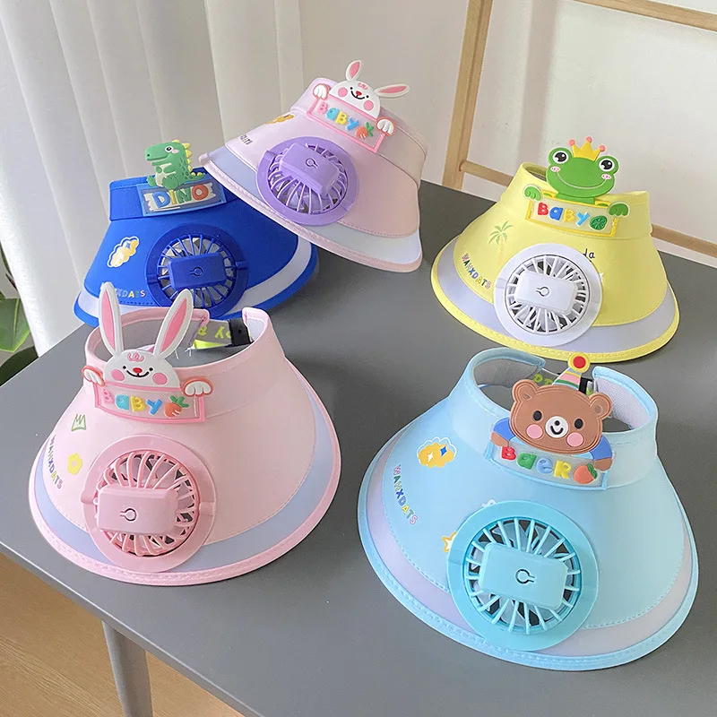 Sombrero de protección solar para niños de verano con ventilador a prueba de rayos ultravioleta, sombrero de sol ajustable con animales bonitos de dibujos animados para niños y niñas de 2 a 14 años