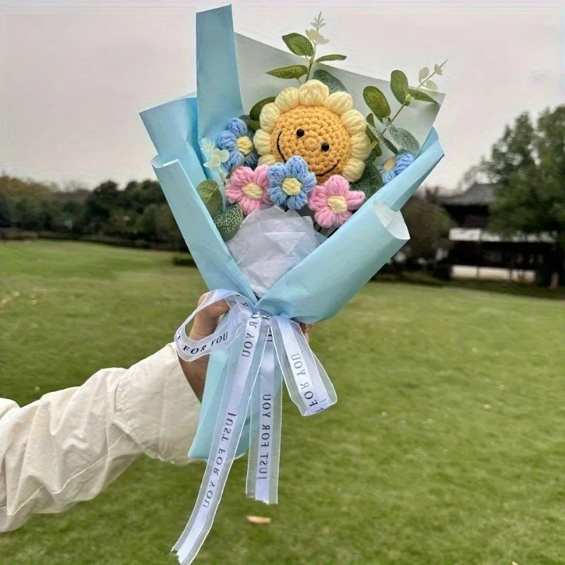 1/2 Uds. Ramo de girasoles de ganchillo hecho a mano, flores artificiales, Festival brillante, boda, día de la madre, cumpleaños, decoración del hogar - imagen 5