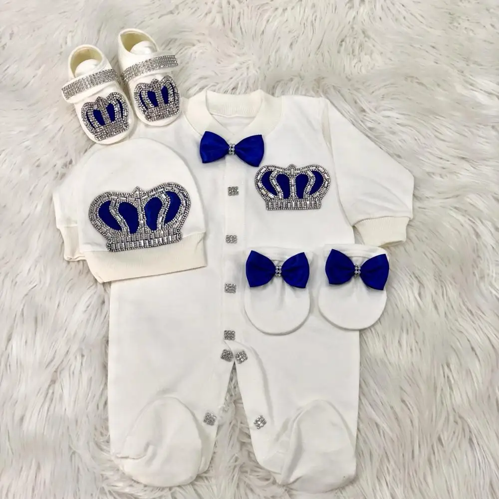 Dollbling Royal Bling joyería corona regalo conjuntos de ropa bienvenida a casa mamelucos de bebé mitones capó pijama traje 4 Uds Layette