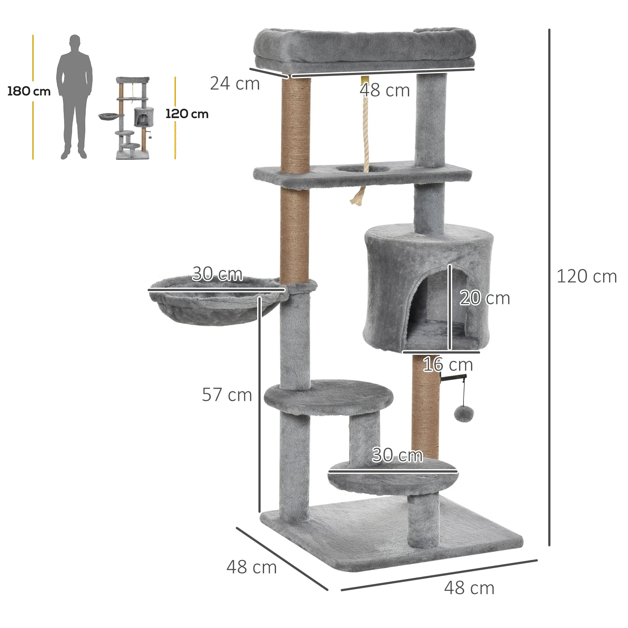 PawHut Árbol Rascador para Gatos Altura 120 cm Torre de Gatos con Plataformas Cueva Hamaca Postes de Yute Cuerda Divertida Bola Colgante 48x48x120 cm Gris - imagen 3