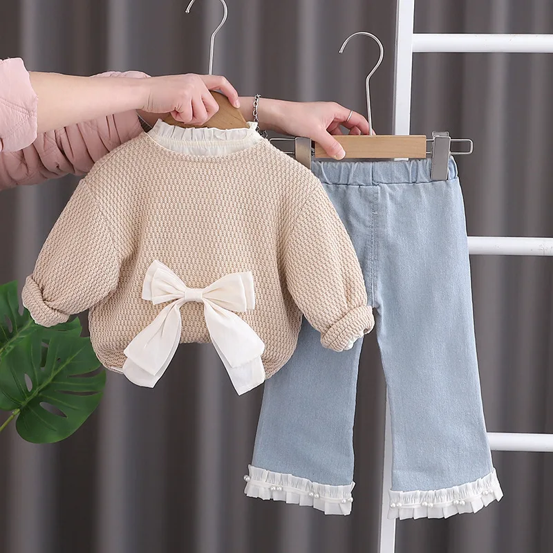 3 piezas 2025 primavera otoño ropa para niños niñas moda coreana Linda flor tejida rosa bebé Tops + camiseta + pantalones vaqueros conjuntos para niños BC2262 - imagen 4