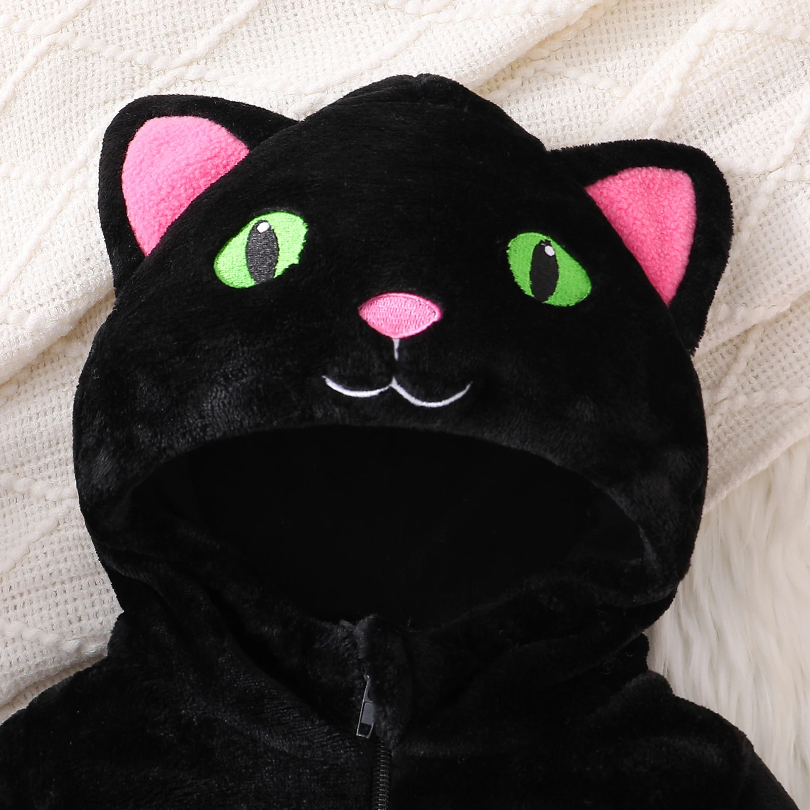 VISgogo Disfraz de Halloween de gato negro para bebé, pelele cálido de invierno con capucha de manga larga, mono infantil cálido y bonito - imagen 4