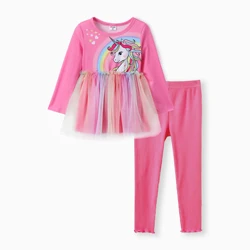 PatPat-Conjunto de Top y Leggings para niña pequeña, 2 piezas, con estampado de unicornio, empalme de malla