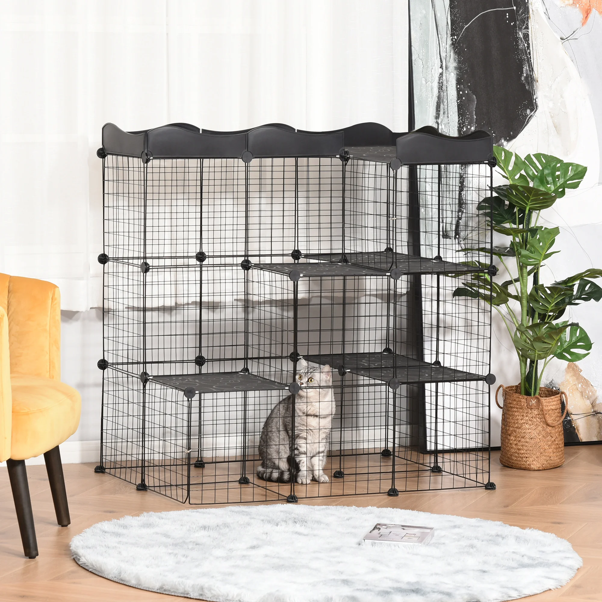 PawHut Jaula para Animales Pequeños de 40 Paneles Parque para Mascotas Forma Personalizable Valla Metálica para Cobayas Conejos Gatito 105x70x116 cm Negro - imagen 2