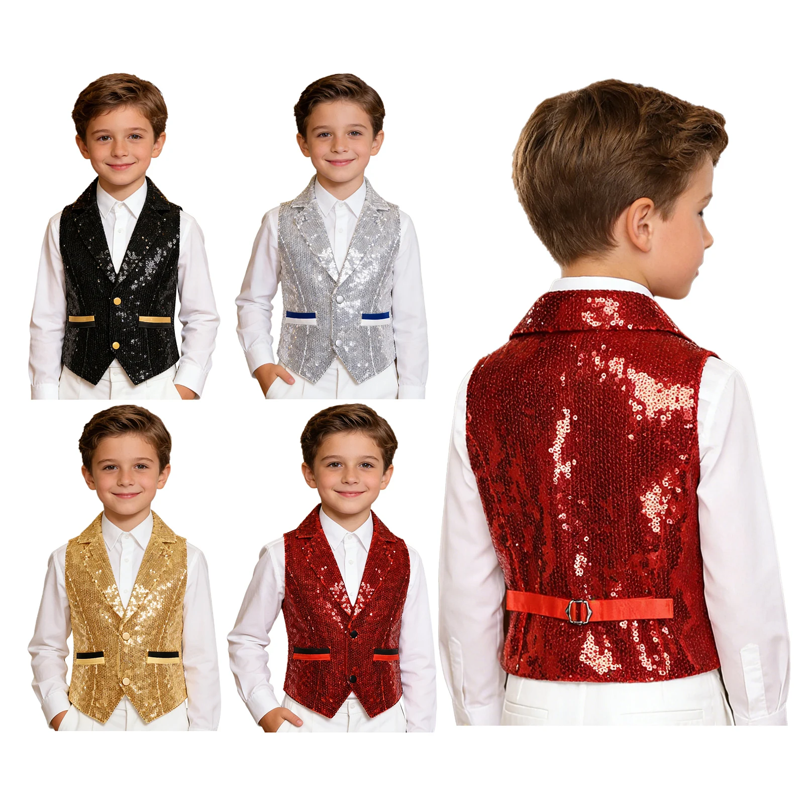 Chaleco de lentejuelas con cuello en V para niño – Formal de fiesta - imagen 4
