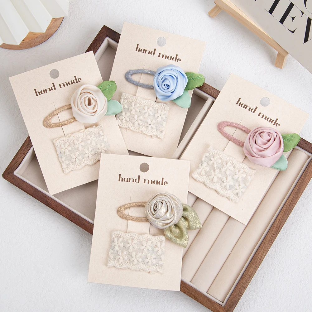 Horquillas Vintage de seda satinada para mujer y niña, horquillas bordadas de encaje en crema, horquillas para el cabello de Boutique, 2 unidades por lote - imagen 2