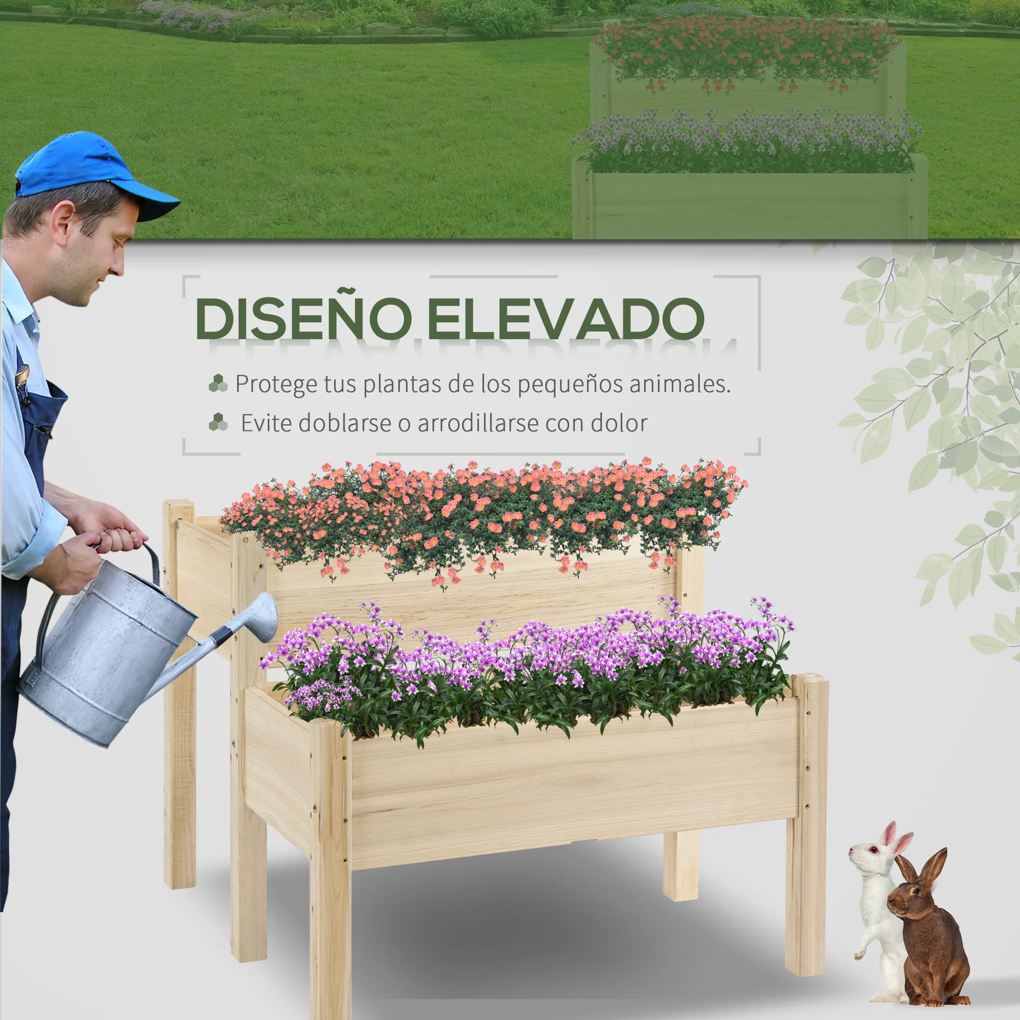 Outsunny Mesa de Cultivo Huerto Urbano Elevado de Madera de 2 Niveles Mesa de Jardinera para Cultivo Plantas Flores Verduras 86x85x72 cm Madera Natural - imagen 4