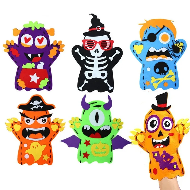 Marionetas de mano de dibujos animados para niños, juguetes artesanales, Kit de costura no tejida, muñeco de contar historias para niños, juguete educativo, regalo de Halloween para bebés, 3 piezas