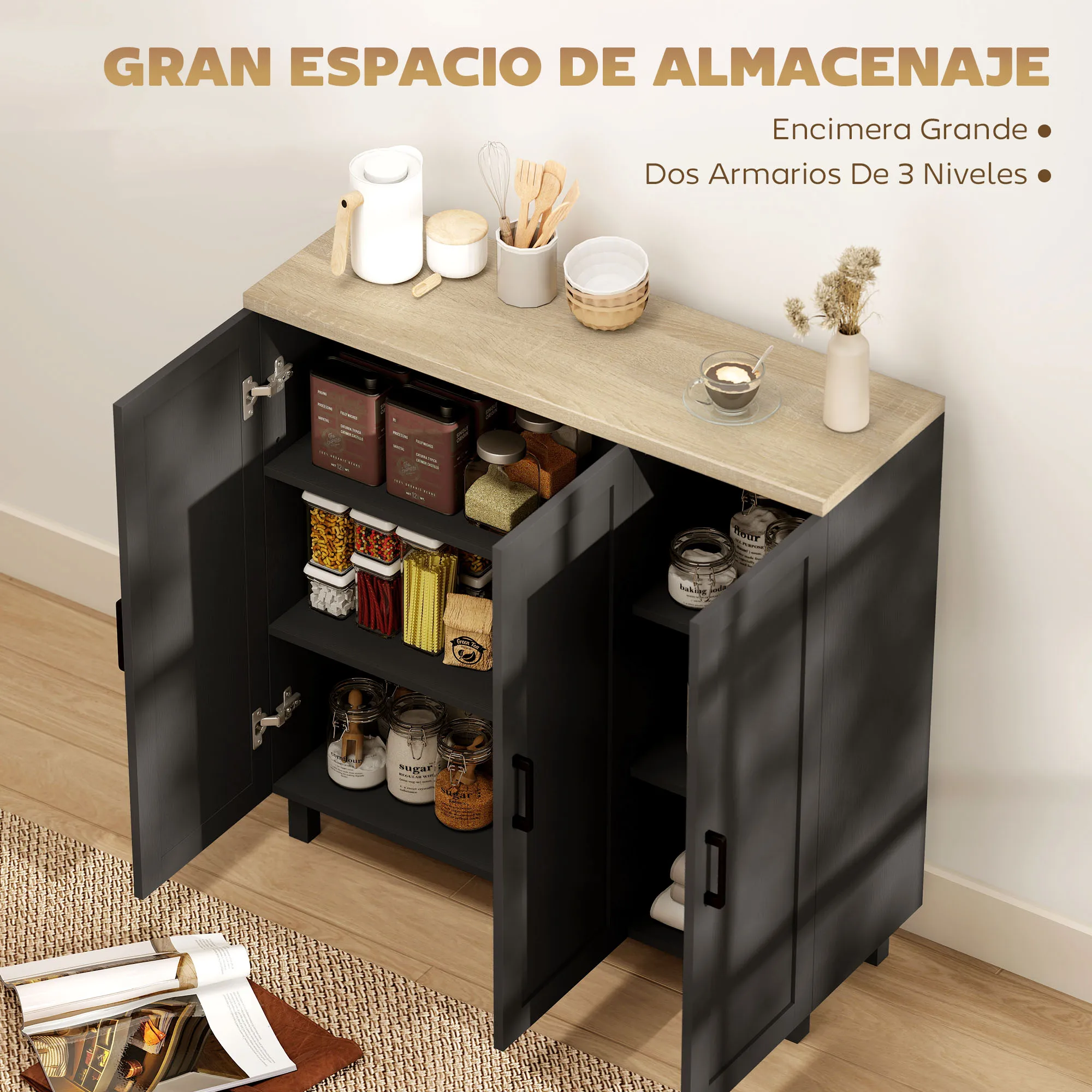 HOMCOM Aparador Estrecho de 3 Puertas, Aparador de Salón con Estantes Ajustables, para Cocina, Entrada, Comedor, Dormitorio, Negro, 90x30x90 cm - imagen 4