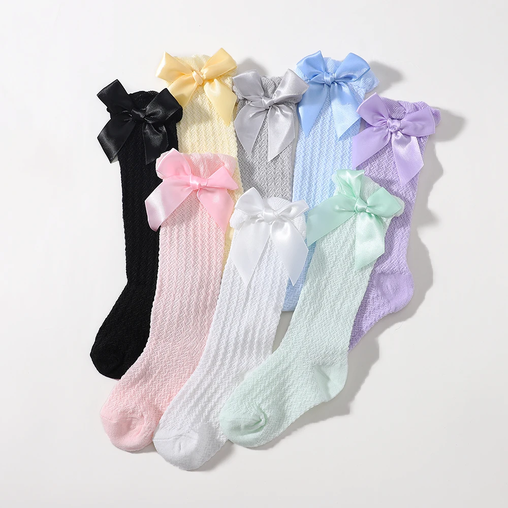 2 unids/set de calcetines para bebé, bonitos calcetines hasta la rodilla con lazo grande hasta la rodilla para niños, calcetines de algodón para niños y niñas, accesorios para bebés - imagen 3
