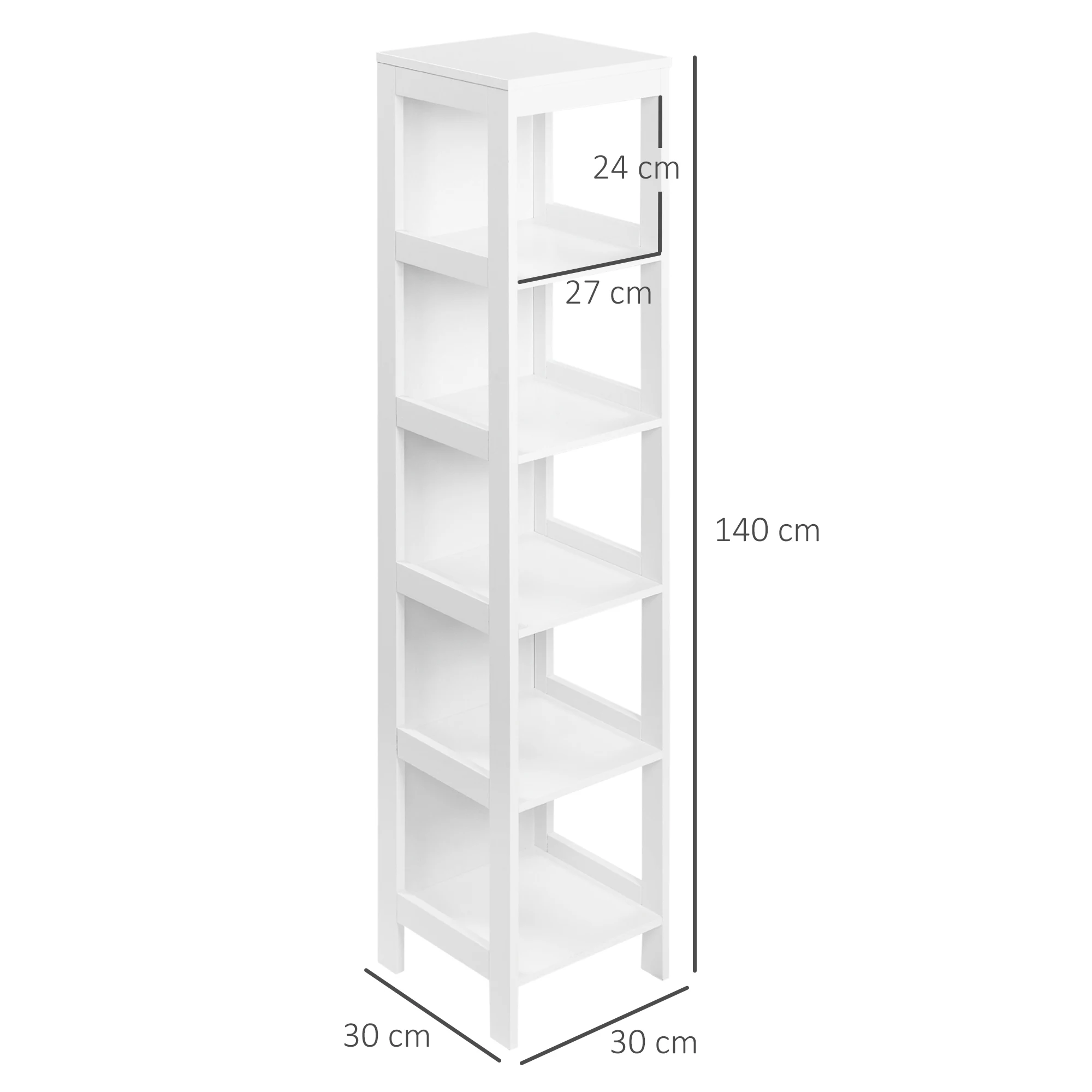 kleankin Estantería de Baño de Suelo de 5 Niveles Mueble Auxiliar de Almacenaje para Cocina Salón Dormitorio Estilo Moderno Antivuelco Carga 30 kg 30x30x140 cm Blanco - imagen 3