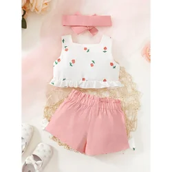 Conjunto floral Bebé Niña: Chaleco sin mangas, shorts y diadema