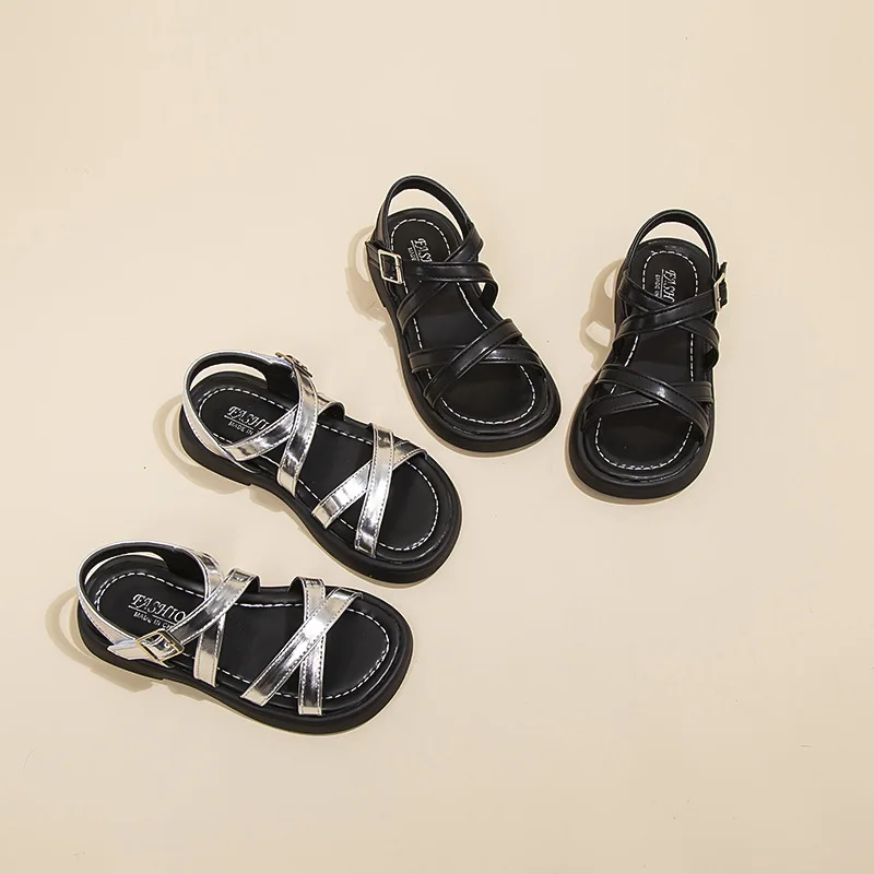 Sandalias romanas de verano para niñas, zapatos antideslizantes de suela suave, Punta abierta, versátiles, de princesa, Color sólido - imagen 3