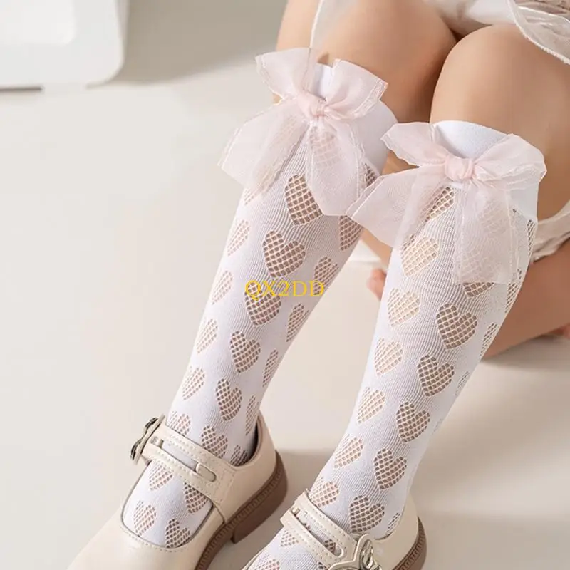Ribrete encaje QX2D debajo calcetines rodilla con detalles volantes y detalles Bowknot para niñas dulce - imagen 4