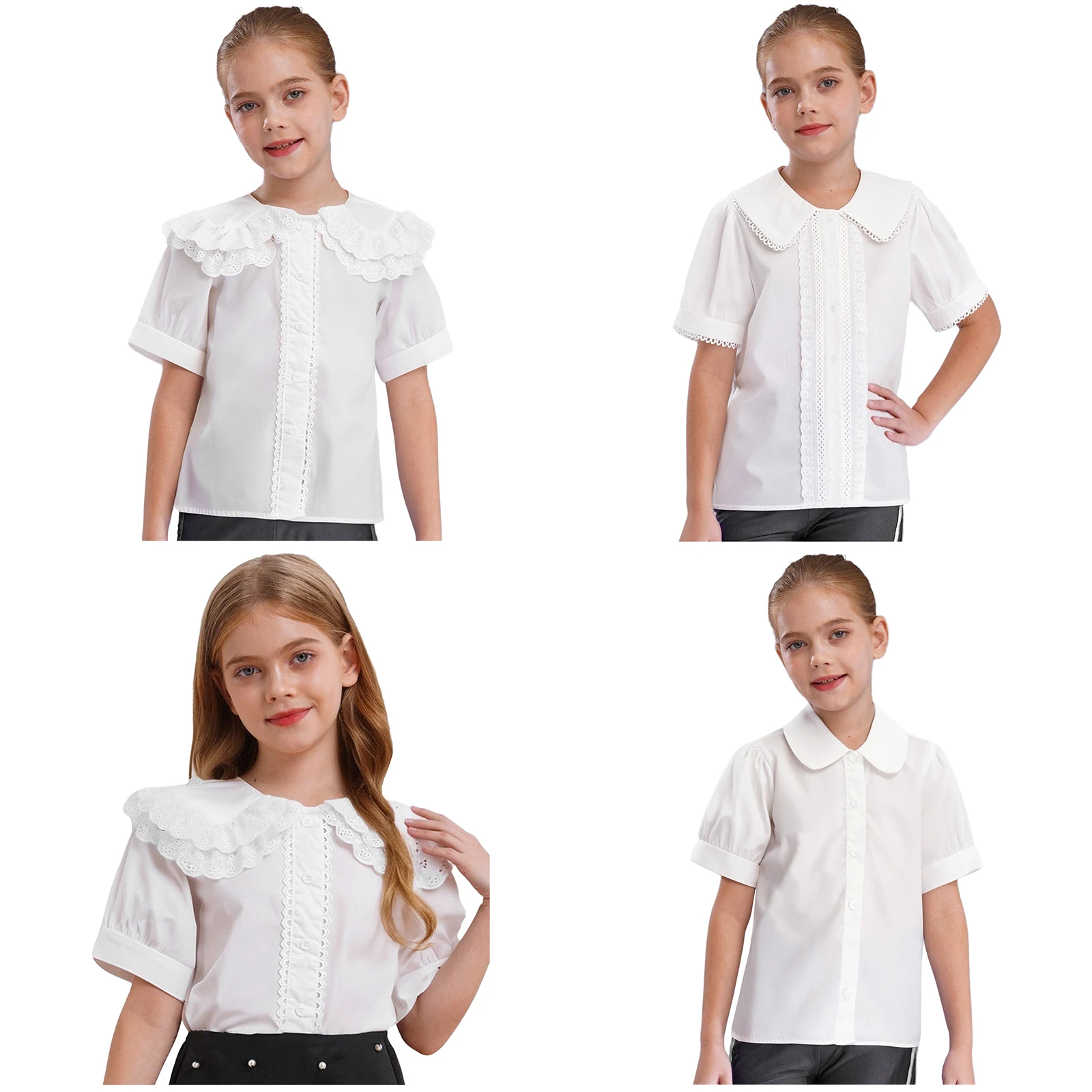 Camisa blanca de algodón para niñas, blusas con botones de manga corta con adornos de encaje, Top para la escuela, boda, fiesta de cumpleaños, vacaciones, Picnic - imagen 2