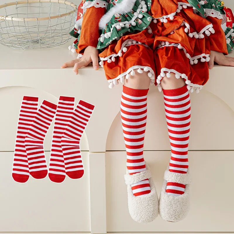 Año nuevo Navidad niños niñas regalo calcetines rayas hasta la rodilla calcetines hasta la pantorrilla Navidad niños medias a juego Accesorios - imagen 2
