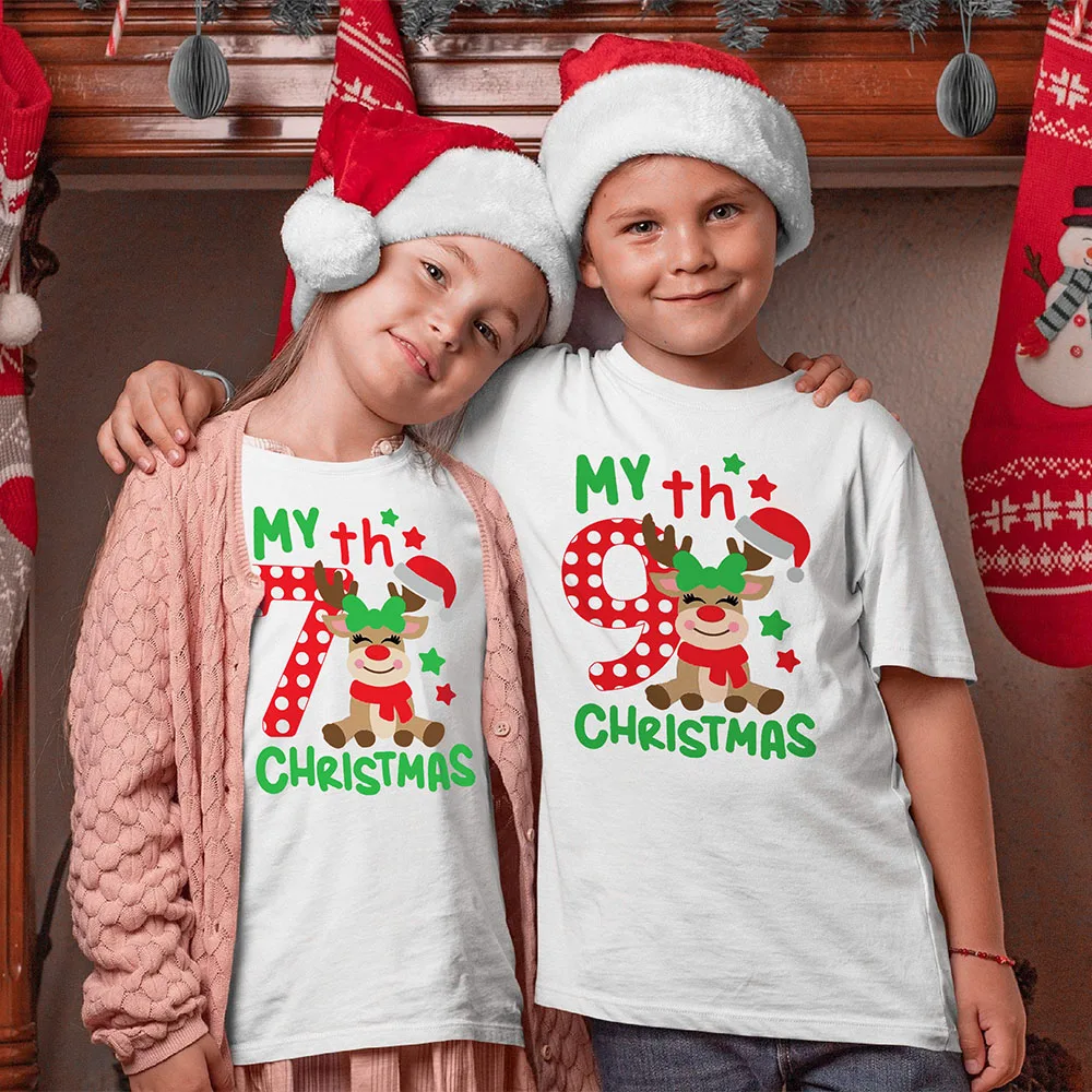 Mi 7. ° Navidad impreso 1-9 ropa navideña para niños, camiseta de manga corta para niños y niñas, camiseta gráfica para niños, camiseta navideña, regalos