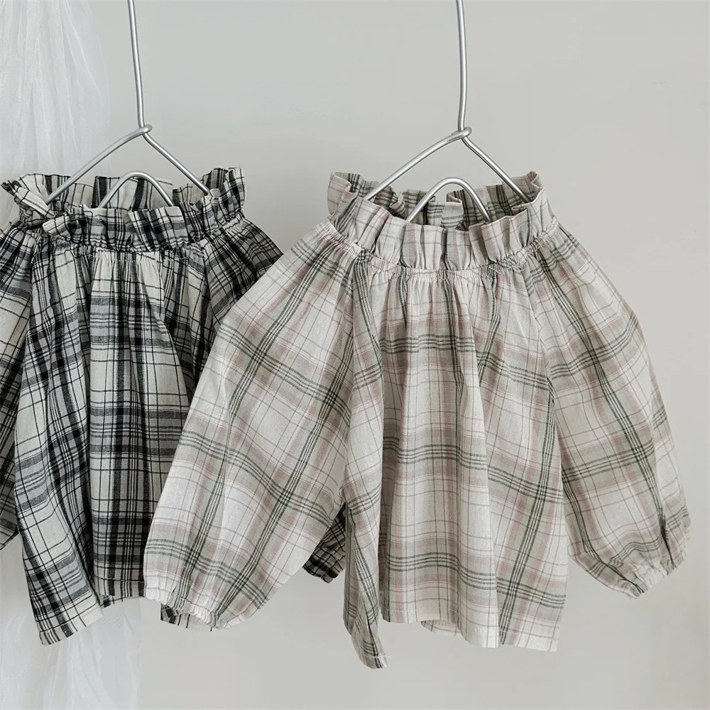 Ropa para niñas pequeñas, camiseta a cuadros de manga larga, camisa de cuello alto para niñas, traje diario, Tops largos, primavera 2025 - imagen 2