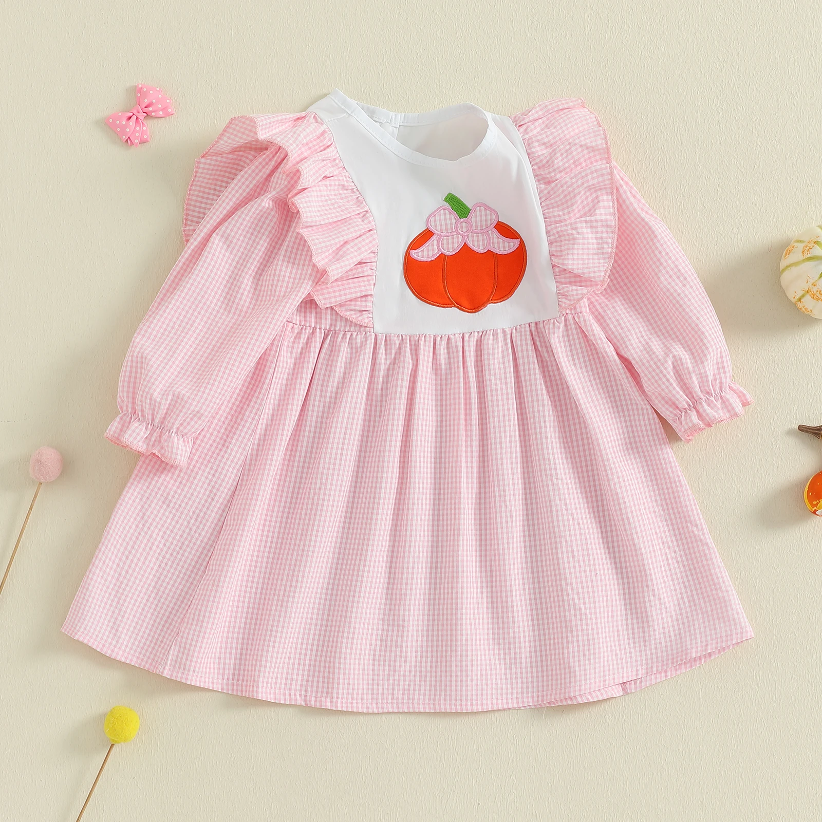 Vestido de otoño para niñas, manga larga, cuello redondo, lazo, bordado de calabaza, traje de Halloween para niños pequeños - imagen 3