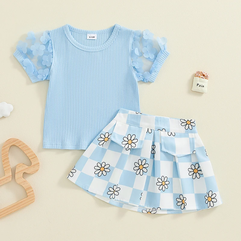 SUNSIOM-ropa de verano para niñas pequeñas, trajes de 2 piezas, Tops acanalados de manga de malla, conjunto de falda con estampado Floral de tablero de ajedrez - imagen 4