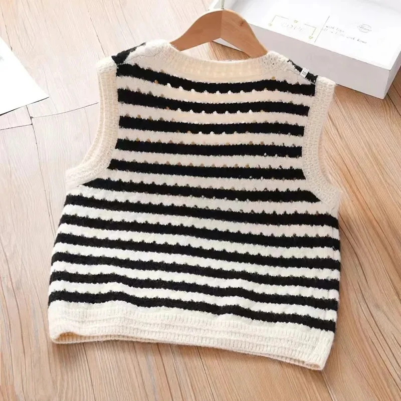 Suéter a rayas para niños, chaleco fino de punto para niñas con cuello en V, chaleco para bebé, suéter sin mangas, chaleco suave para primavera y otoño - imagen 4