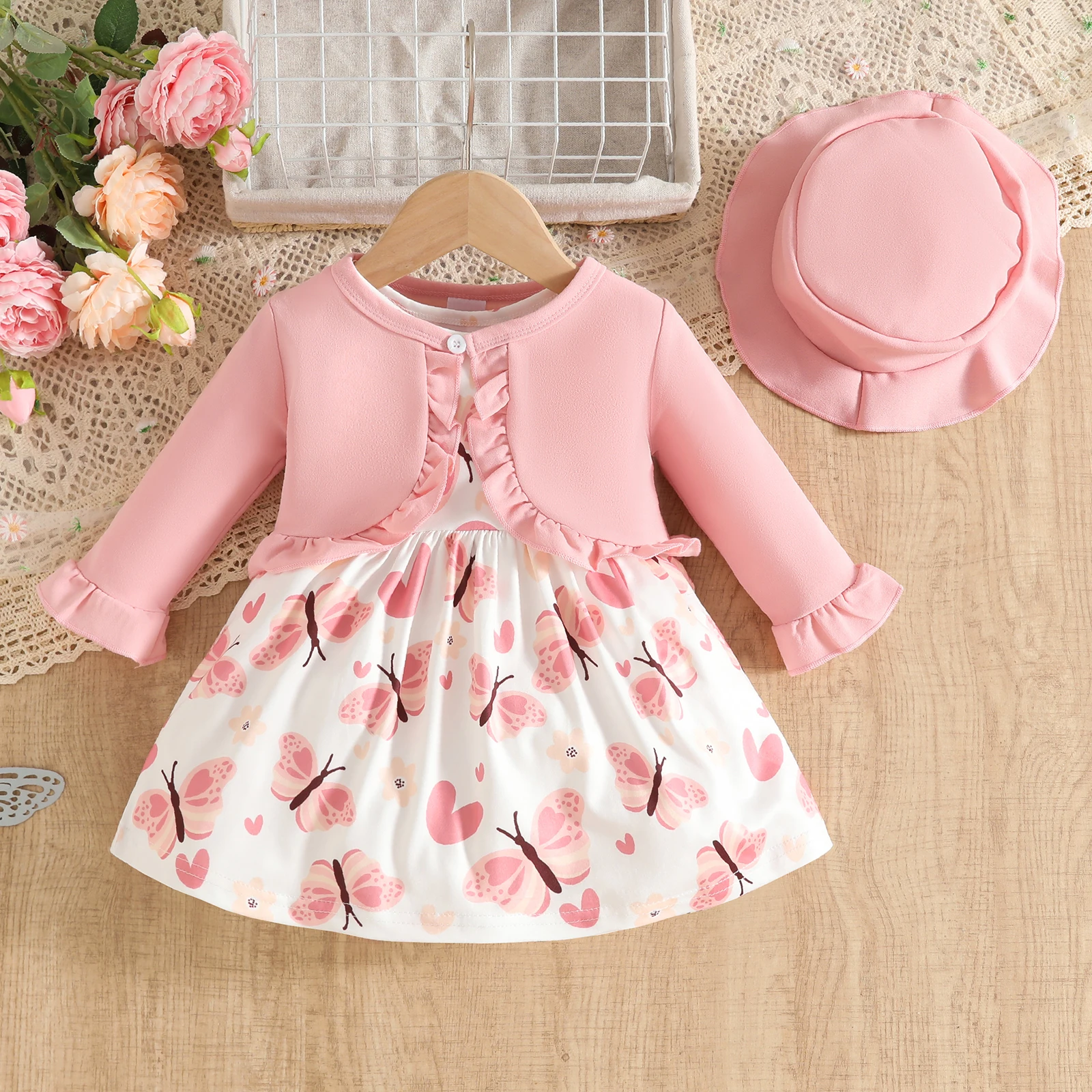 SUNSIOM 0-3 años bebé niña 2 piezas trajes de otoño vestido sin mangas con estampado de girasol + cárdigan de manga larga + conjunto de sombrero ropa para niños pequeños - imagen 2