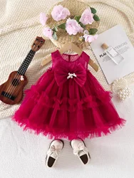 Vestido de malla veraniega sin mangas para niñas con lazo bonito