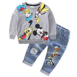 Conjunto de ropa de moda para niños, sudadera de algodón con dibujos animados de Mickey Mouse, pantalones vaqueros, traje de 2 piezas para niños de 2 a 6 años, primavera y otoño