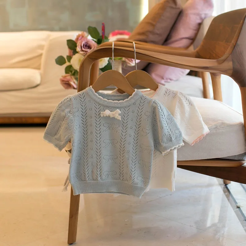 MILANCEL nuevo verano niños tejidos de manga corta 1-5T lindo franjas de diferente Color arco niñas ahueca hacia fuera la camiseta niños dulce prendas de vestir Tops - imagen 2