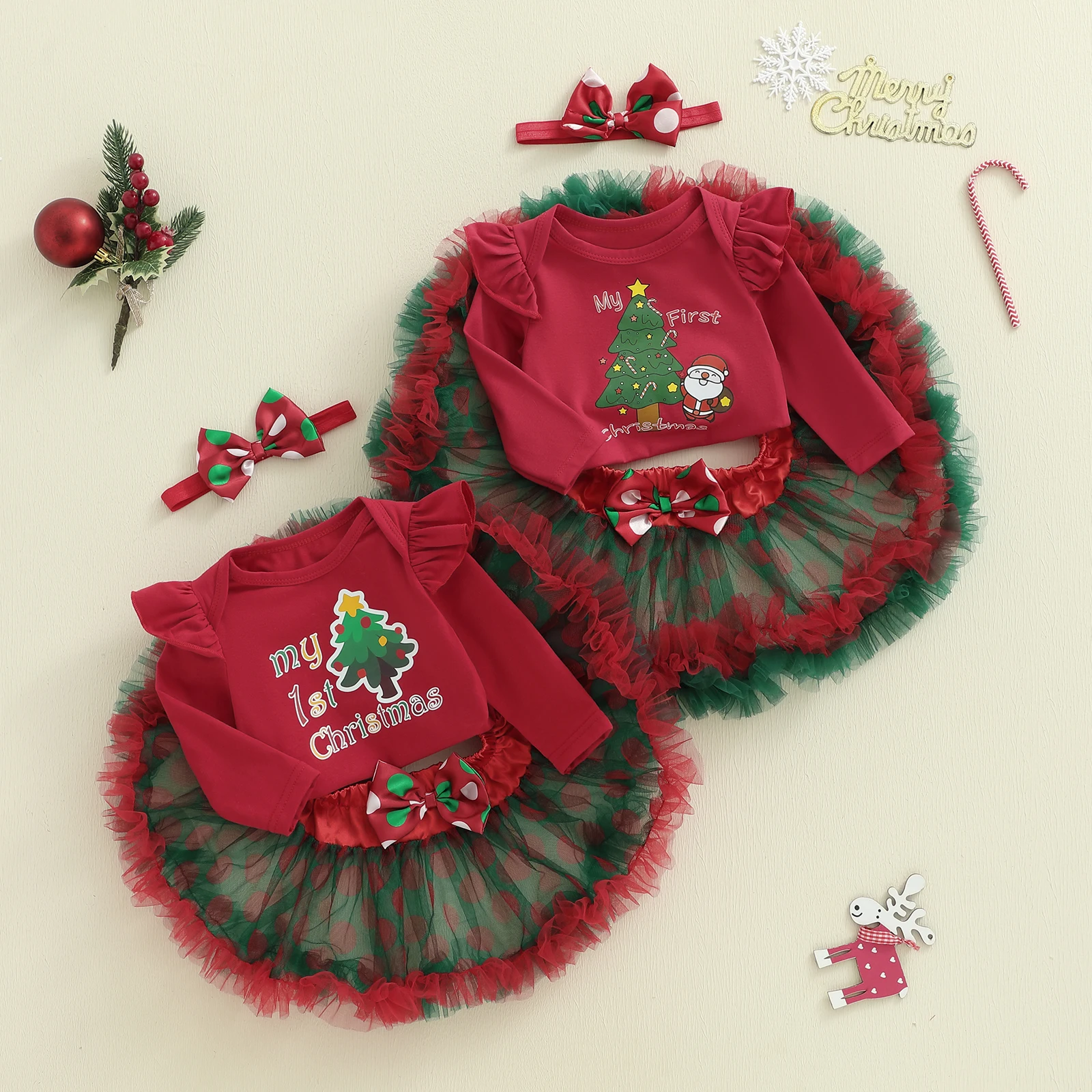 Tregren conjunto Navidad bebé mameluco letras falda tul y diadema - imagen 4