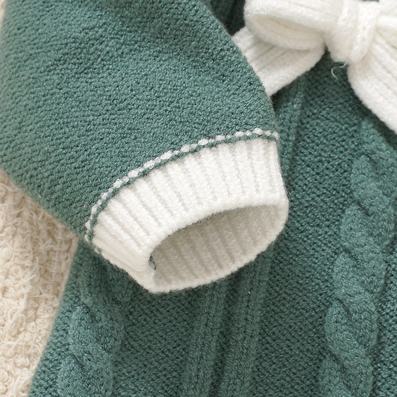 Peleles verdes para niñas, monos de una pieza de manga larga tejidos con lazo a la moda para recién nacidos, monos para niños pequeños para primavera, Otoño e Invierno - imagen 5
