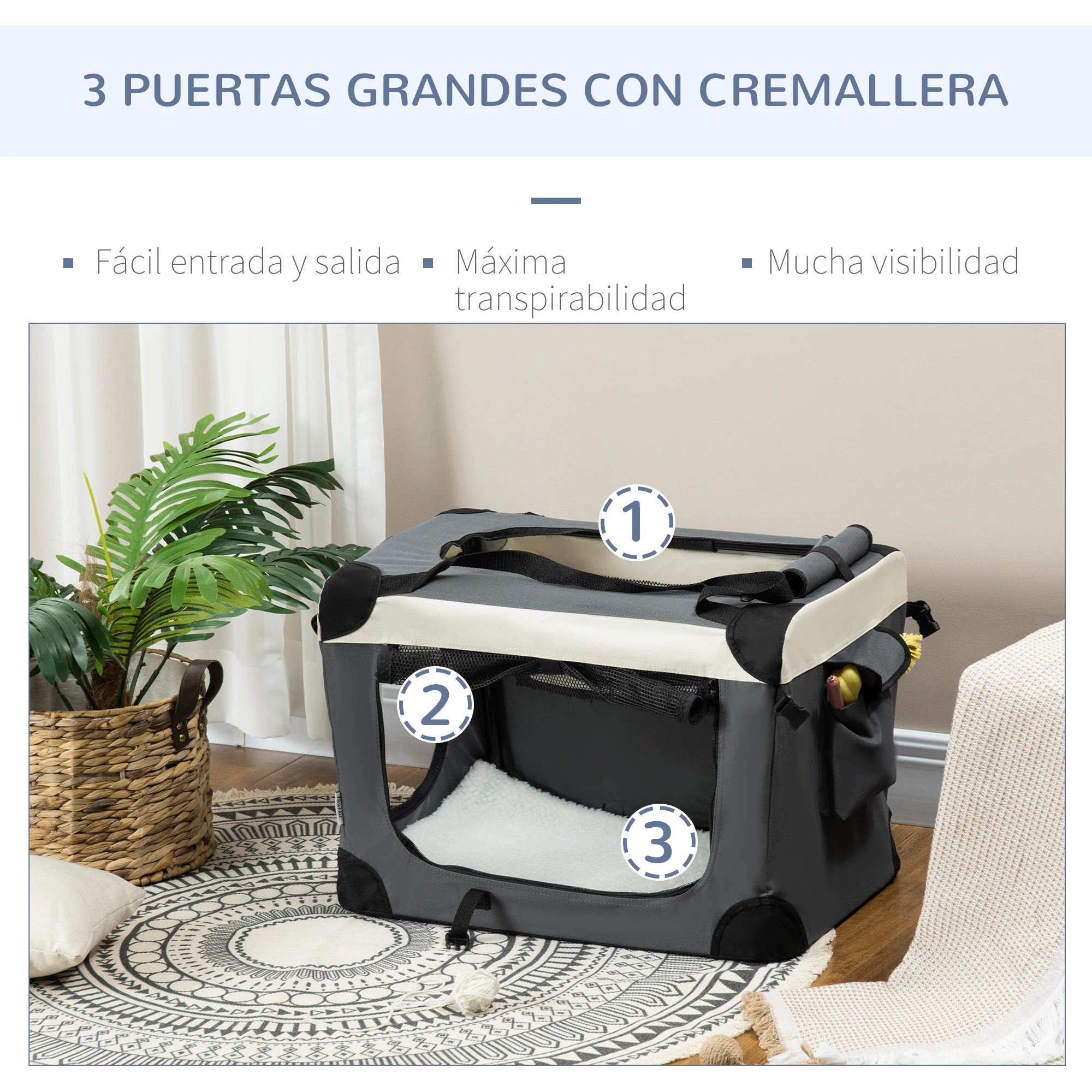 PawHut Transportín para Perros Plegable 60x41x41 cm Transportín para Mascotas con Ventanas Cojín Suave y 2 Correas del Hombro Bolsa de Transporte para Mini Perros Gatos Gris - imagen 4