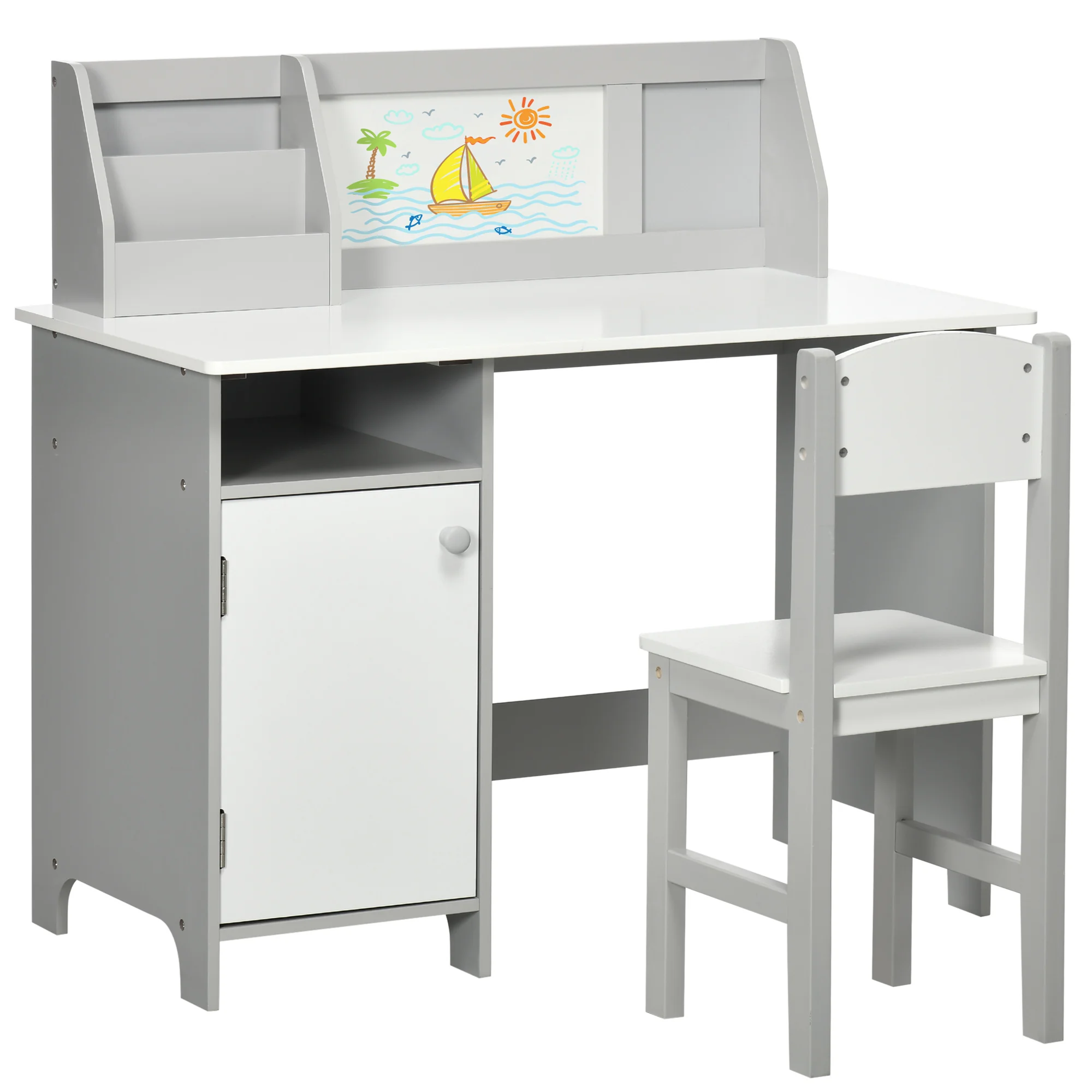 HOMCOM Juego de Mesa y Silla Infantil de Madera con Pizarra Blanca Mesa de Estudio para Niños de +5 Años Mueble Escritorio Infantil 90x45x85 cm Gris