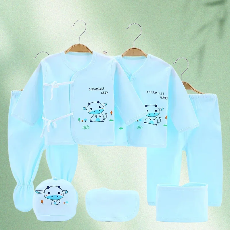 Ropa para recién nacido, trajes para niña, Top, pantalones, conjuntos de guantes para niño, otoño, primavera, estampado rosa, amarillo, azul cielo, 7 Uds. De 0 a 3 meses - imagen 4