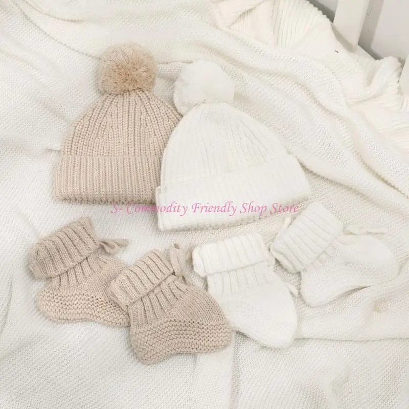 Gorro ganchillo 85AE con pompones, gorro cálido invierno tejido para gorros algodón para niños recién nacidos - imagen 4