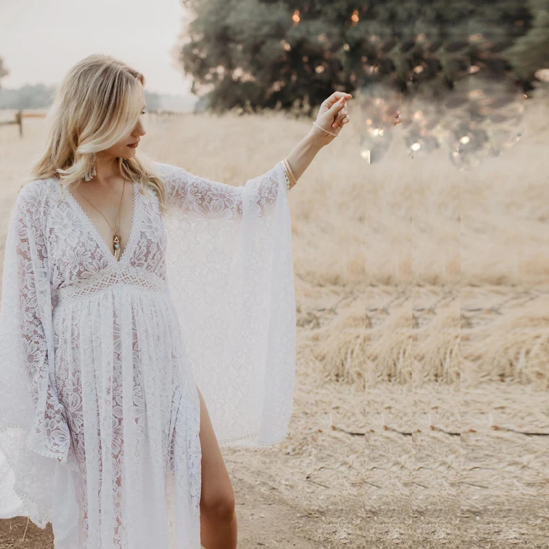 Vestido maternity bohemio para fotos – Encaje maxi escote V - imagen 2