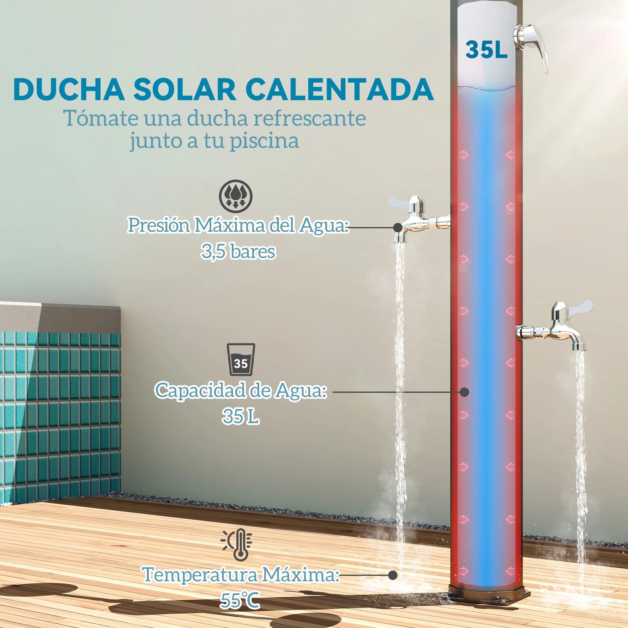 Outsunny Ducha de Jardín Solar 35 L Ducha Solar Exterior con 2 Cabezales Giratorios Grifos de Pies y Agua Caliente Máximo 55 °C para Piscina Camping Patio 73x18x217 cm Negro - imagen 4