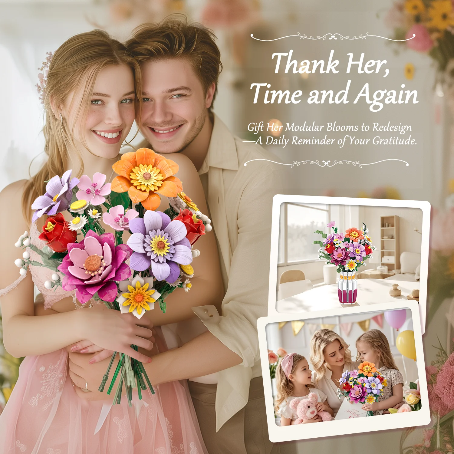 Bloques de construcción de ramo de flores para niños, modelo Floral de ladrillos con adornos de jarrón, decoración del hogar, juguetes DIY, regalos de vacaciones, 1278 Uds. - imagen 5