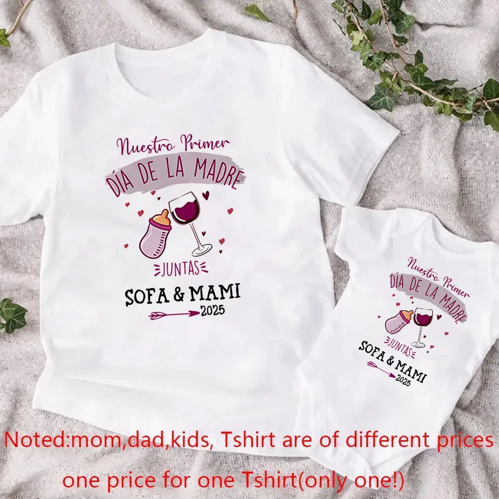 Personalizado nuestro primer día de la madre, traje a juego para mamá y bebé, camiseta para mamá, mameluco infantil con nombre personalizado, trajes para el día de la madre, Tops - imagen 4