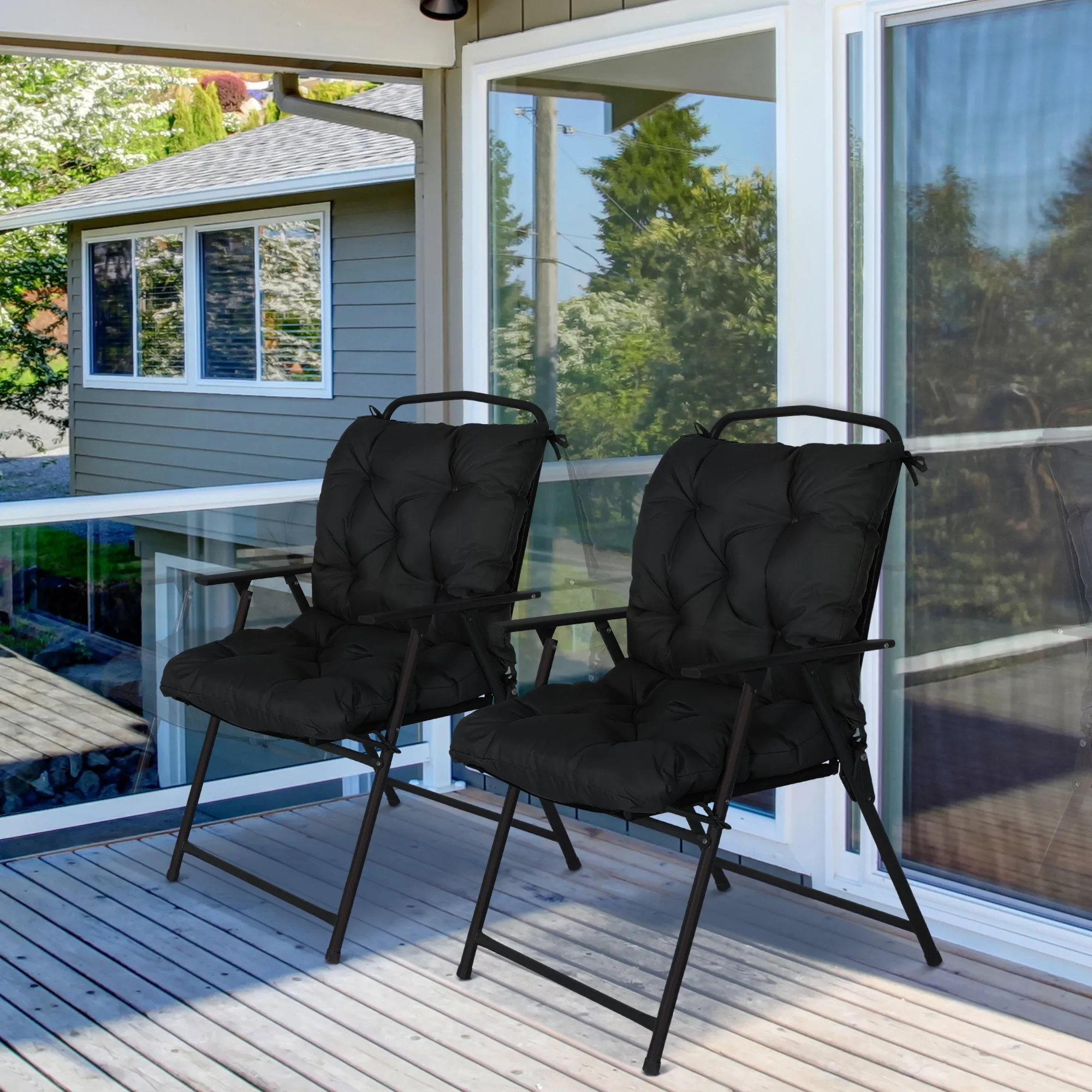 Outsunny Conjunto de 2 Cojines para Silla Cojines para Jardín Colchones de Banco con Respaldo 6 Cordones de Fijación 50x98x8 cm Negro