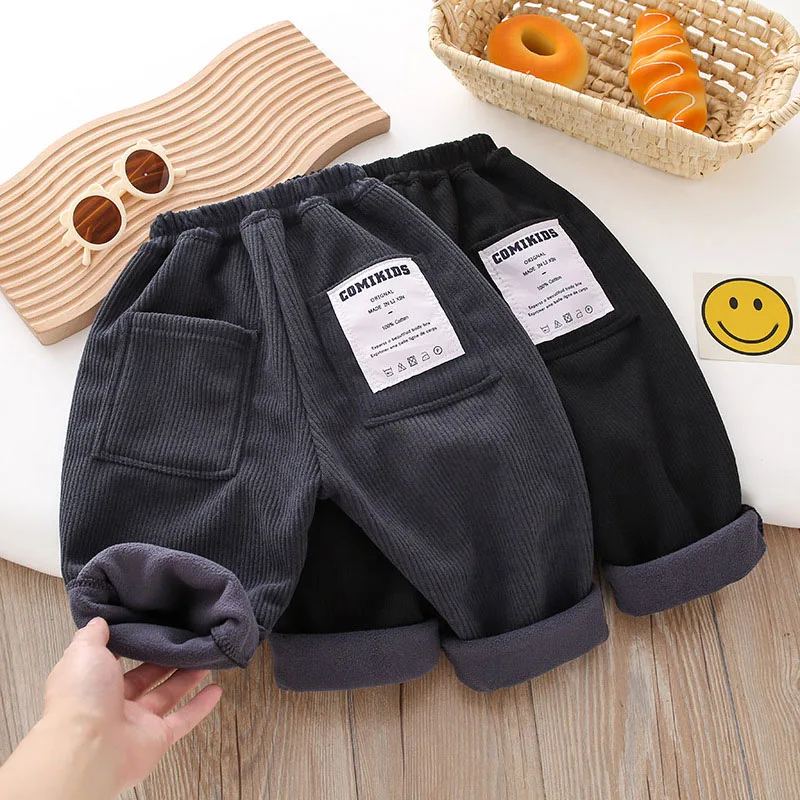 Pantalones informales de pana para niños, pantalones acolchados de lana con parches de Color sólido para invierno de 2 a 7T, pantalones cálidos y gruesos para niños