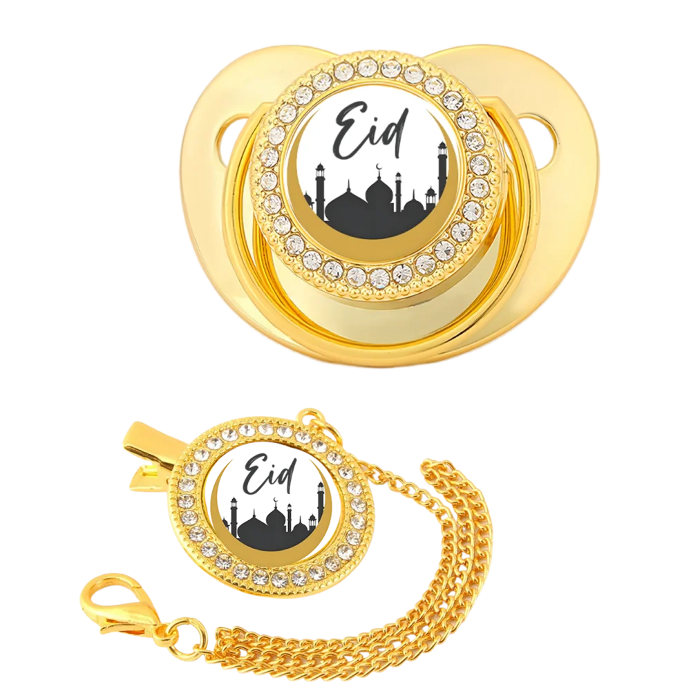 Colgante dorado de dibujos animados para bebé musulmán recién nacido, clip para chupete, soporte de cadena, dientes, juguete Kawaii para bebé, regalo para masticar la boca - imagen 3