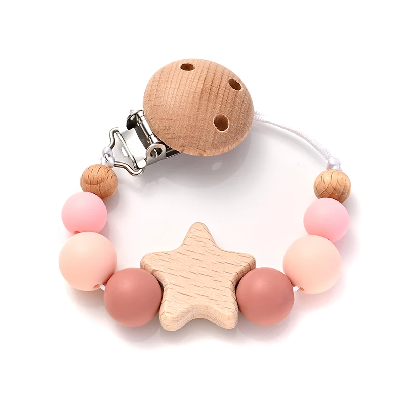 Cadena dentición madera y silicona con clip para chupete bebé