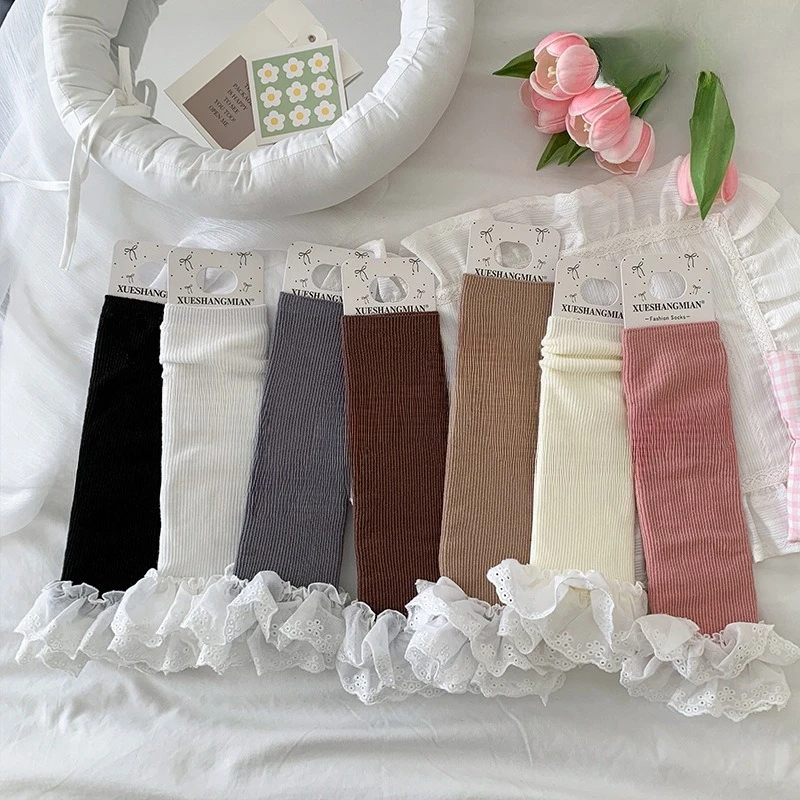 Primavera otoño estilo coreano Lolita niñas calentadores de piernas calcetines de algodón hasta la pantorrilla encaje volantes calcetines largos dulce lindo Kawaii niños cubierta de pie - imagen 3