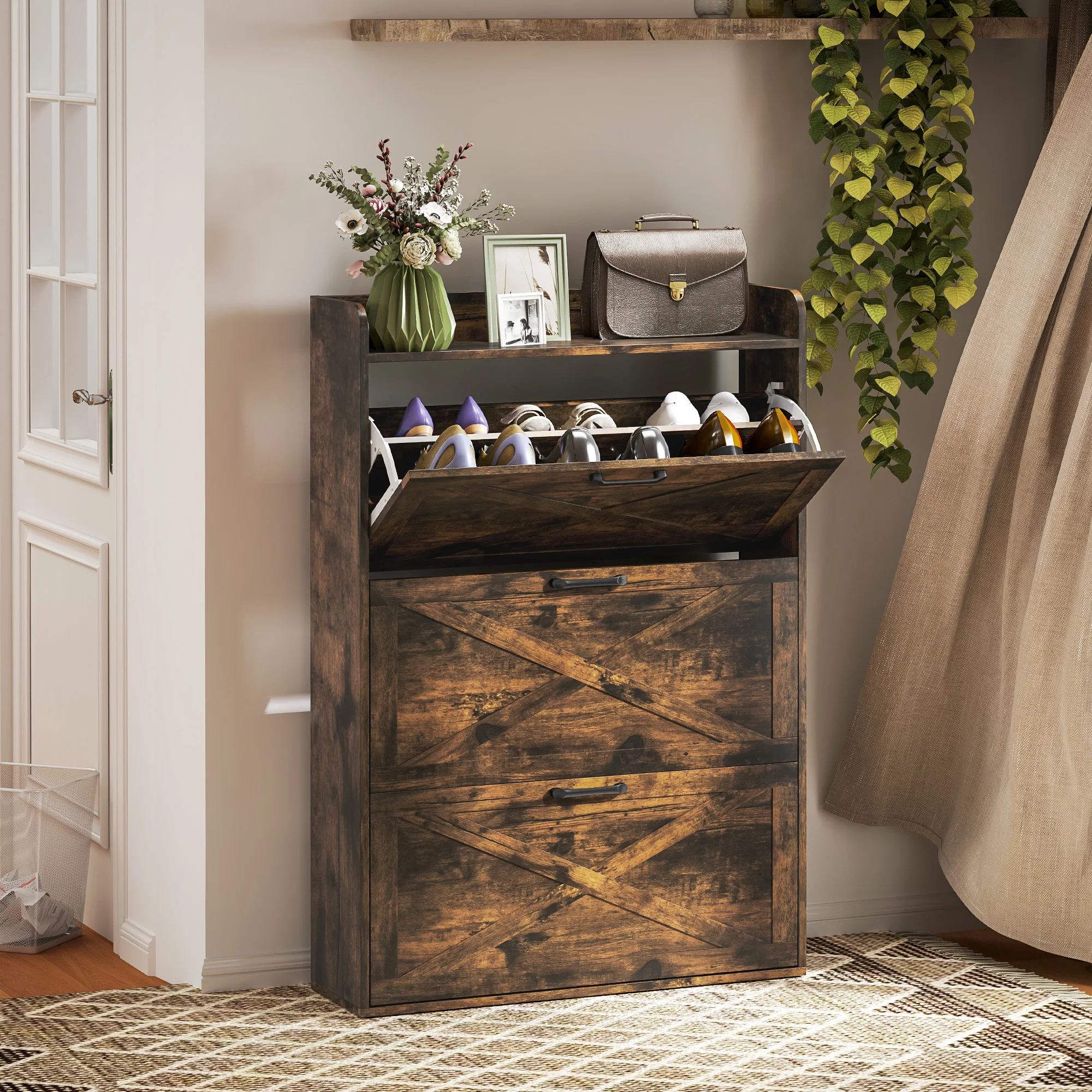 HOMCOM Mueble Zapatero de 3 Puertas Zapatero Estrecho con Estantes Ajustables Estilo Industrial para 24 Pares de Zapatos Mueble Auxiliar para Recibidor Entrada 80x24x118 cm Marrón Rústico