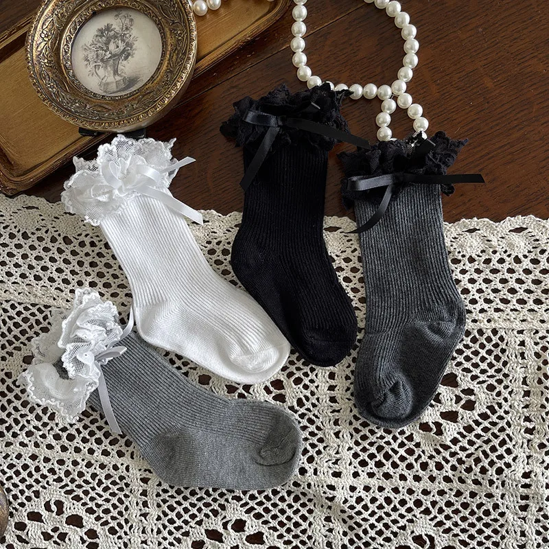 Nuevos calcetines holgados de algodón estilo princesa coreana, calcetines tobilleros de encaje bordado de doble capa para niños, calcetines suaves de algodón para primavera - imagen 3