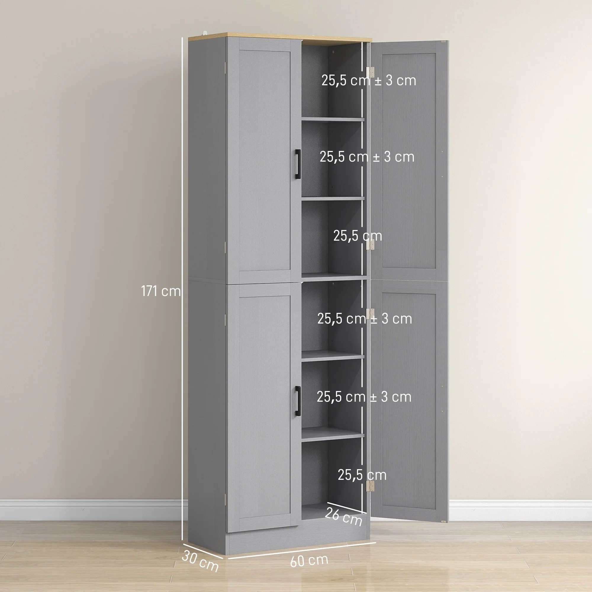 Homcom Armoire de cuisine Armoire de cuisine Meubles auxiliaires avec portes et étagères anti-basculement réglables pour salle à manger Salon 60X30X171 cm Gris - imagen 3