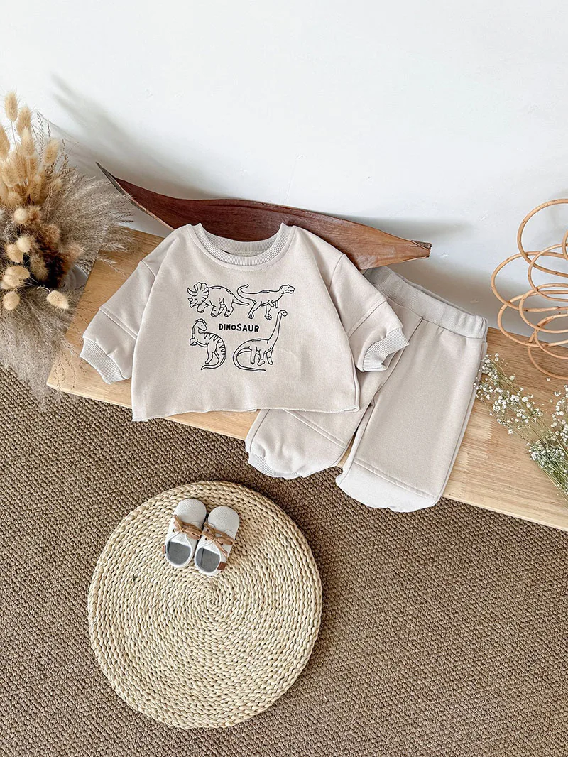 MILANCEL nuevo conjunto de ropa de otoño para bebé 1-18M dinosaurio de dibujos animados niñas pequeñas Sudadera con capucha + Pantalones lindo suelto versión coreana traje infantil - imagen 3
